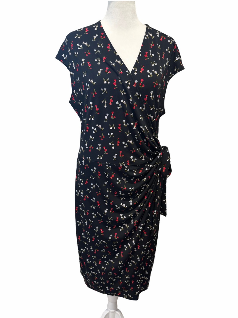 Floral Lark & Ro  Wrap-Detail Black Dress with Red and White Blossoms. Size L